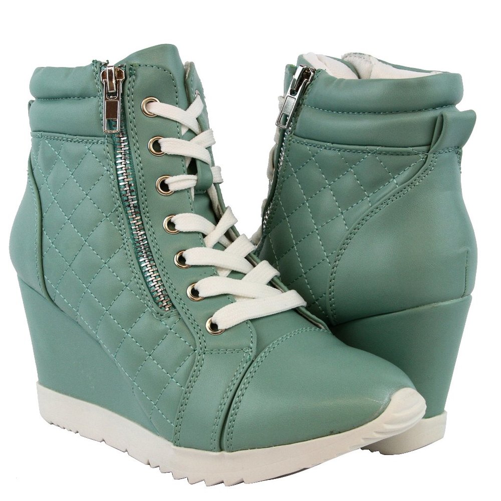 Women Stylish Hidden Wedge Sneakers Ankle Quilted Booties Lace Up Shoes Mint